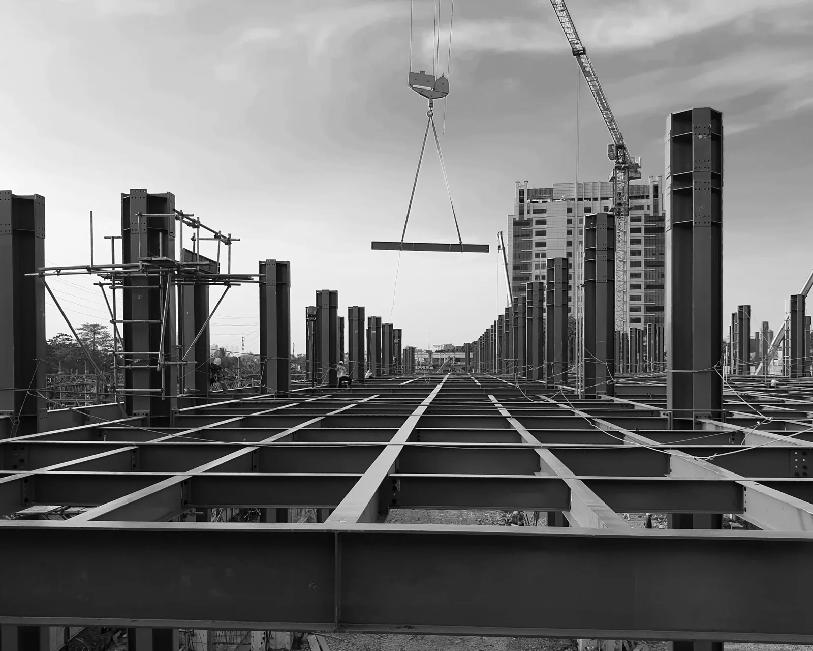 Structural steel grid rising under a tower crane